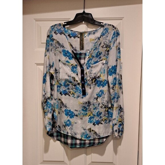 Aratta Silent Journey Blue Purple Floral Scarf Back Blouse Size M Velvet trim - Picture 1 of 14